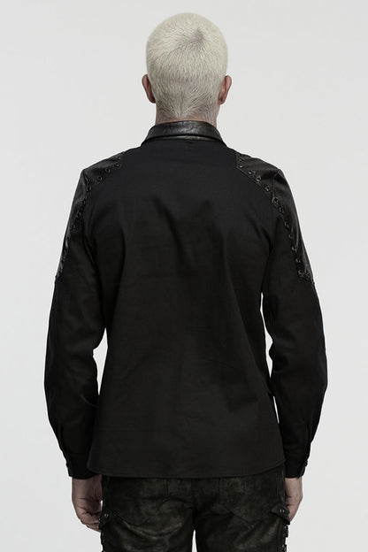 Black Lapel Collar Long Sleeves Stitching Eyelet Men's Punk Blouse