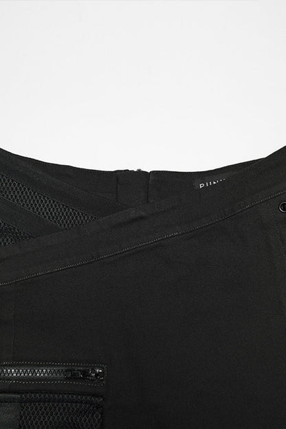 Black Lace-Up Slim Asymmetric Zippered Eyelet Women's Punk Handsome Skirt