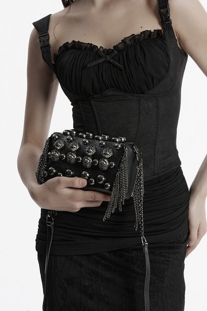 Black Beaded Rose Rivet Women's Gothic Faux Leather Clutches