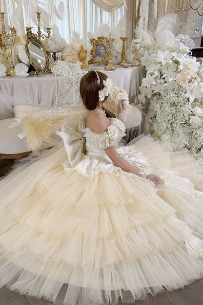 Apricot [Heart’s Beloved Rose] Sleeveless Ruffled Hanayome Bow Lace Lace-Up Sweet Lolita Jsk long Dress