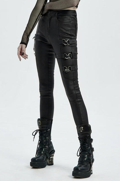 Black Faux Leather Metal Love Lock Buckles Women's Steampunk Pants
