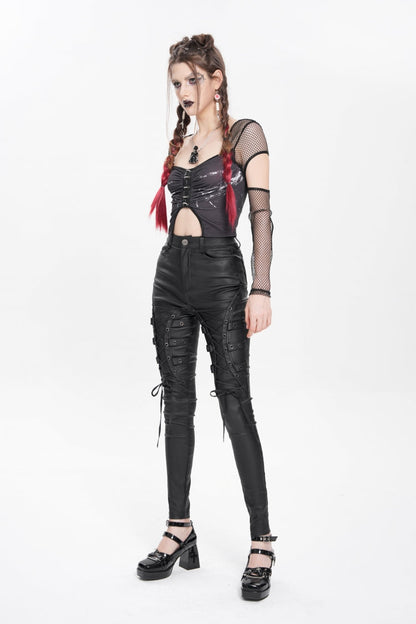 Black Lace-Up Eyelet Straps Women's Punk Pants