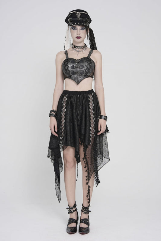 Black Lace Irregular Chain-Decorated Women's Punk Streamer Skirt