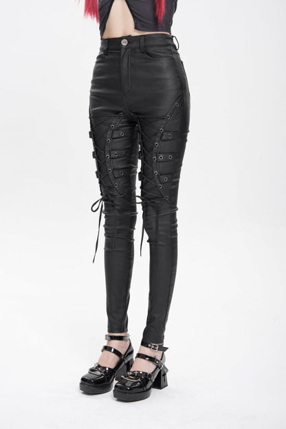 Black Lace-Up Eyelet Straps Women's Punk Pants