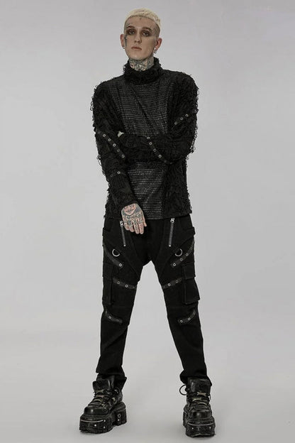 Black High Collar Stitching Ripped Men's Steampunk Blouse