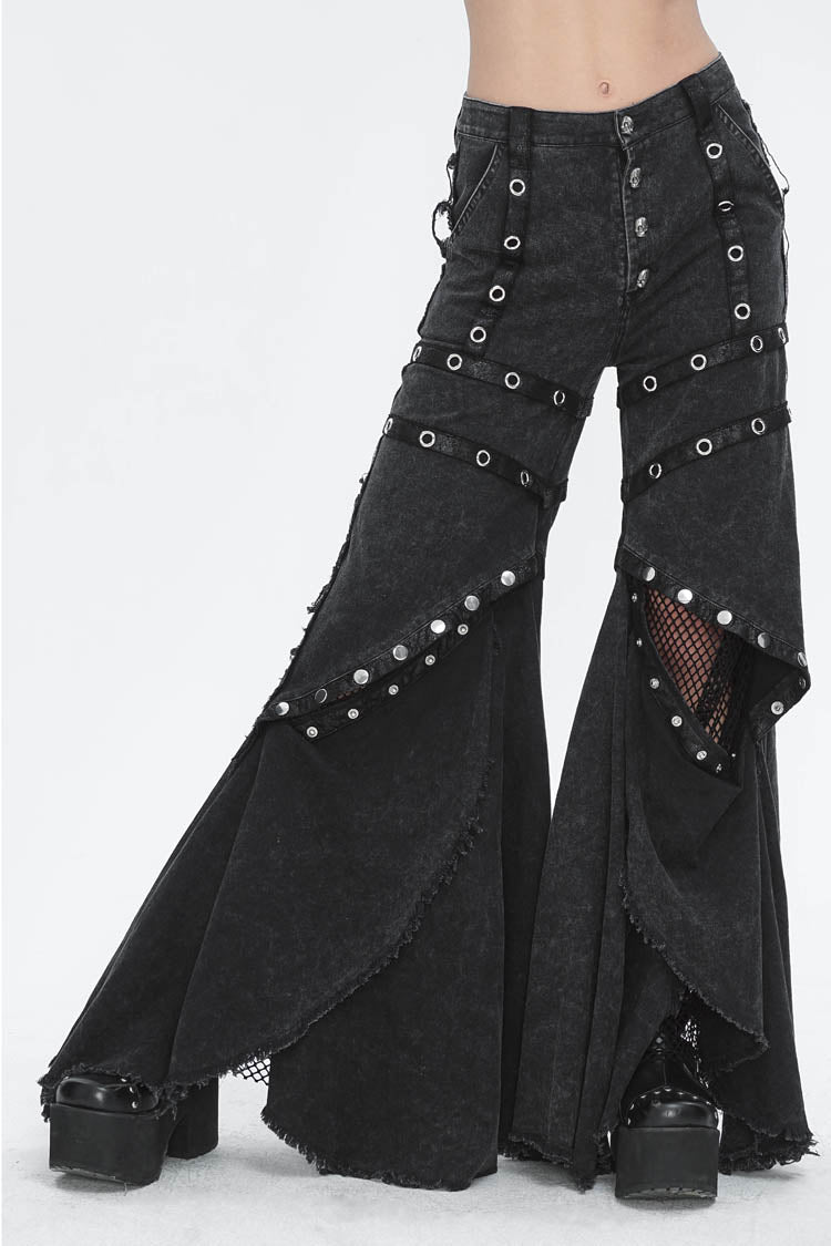 Black Mesh Eyelets Ruffled Flared Womens Punk Pants
