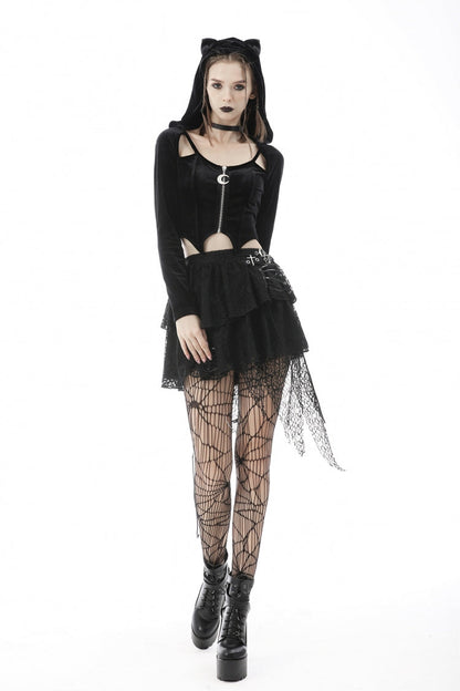 Black Long Sleeves Irregular Moon-shaped Zipper Women's Punk Crop Top with Cat's Ears Hood