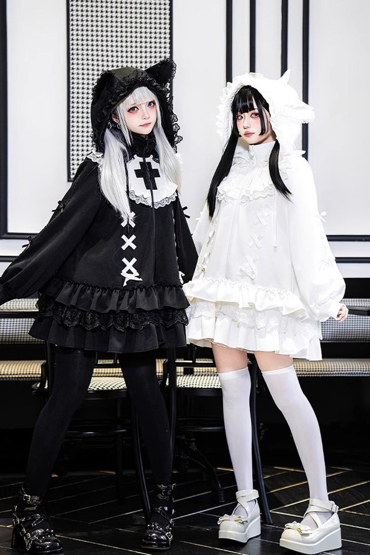Black Long Sleeves Ruffle Zipper Sweet Handsome Lolita Sweatshirt Coat