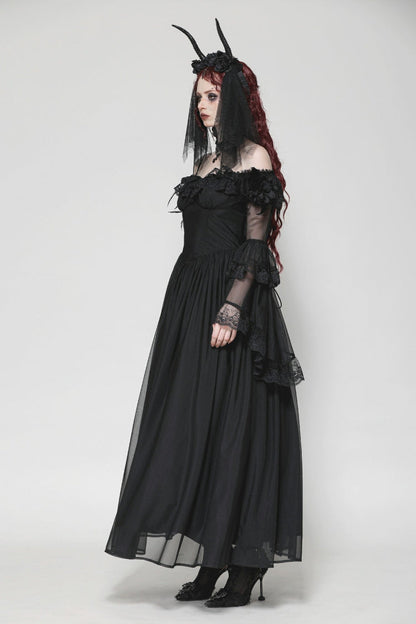 Black Off Shoulder Boat Neck Multi-Layered Long Trumpet Sleeves Lace Spliced Tulle Lace-Up Women's Gothic Fantasy Dress