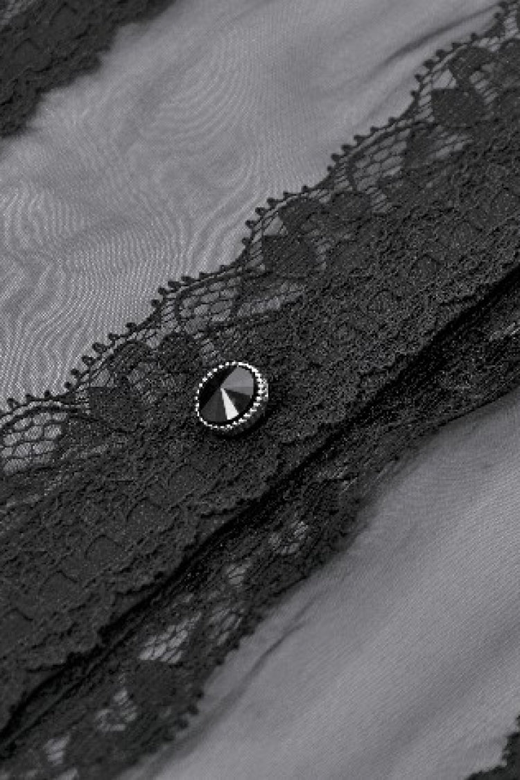 Black Multi-Layered Ruffled Lace Short Puff Sleeves Sheer Women's Courtly Gothic Blouse