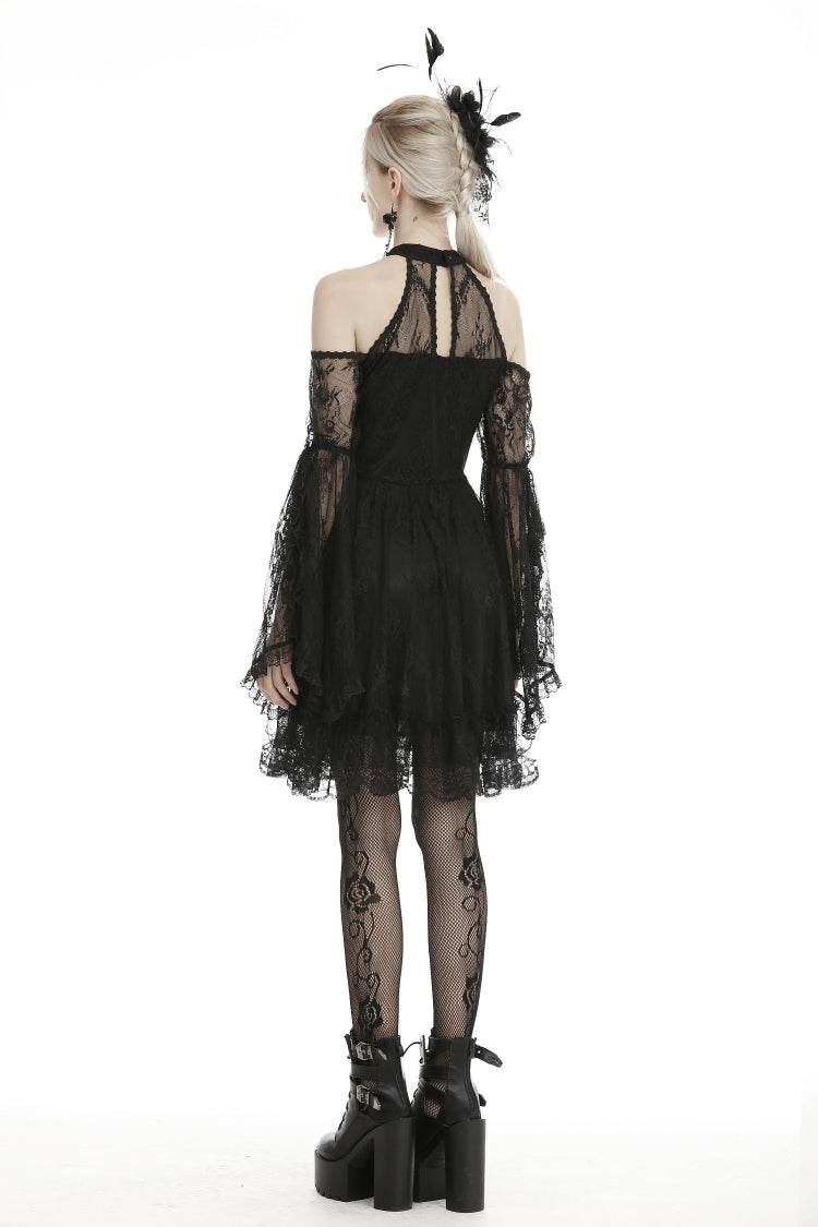 Black Off Shoulder Halterneck Long Sleeves Lace Women's Gothic Dress
