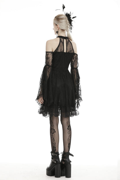 Black Off Shoulder Halterneck Long Sleeves Lace Women's Gothic Dress
