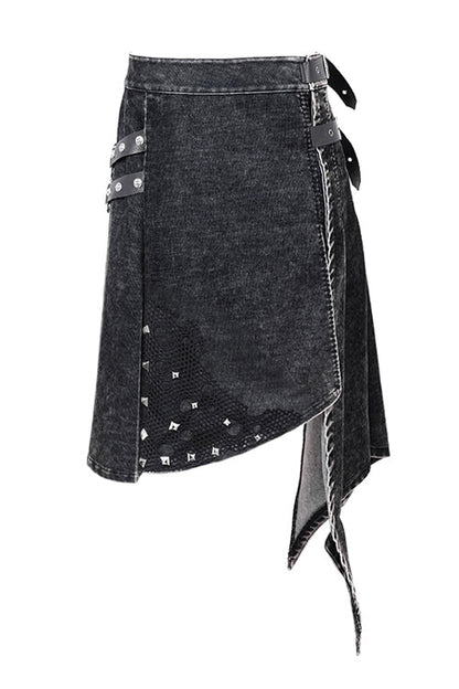 Black Band Metallic Nailed Punk Rock Worn Corduroy Wrapped Mens Skirt With Loops