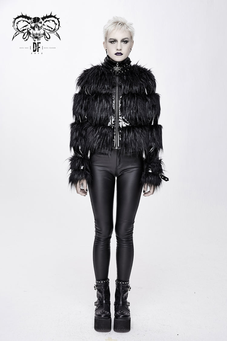 Black Metal Buckle Loop Stand Up Collar Splice Patent Leather Woolen Women's Punk Coat