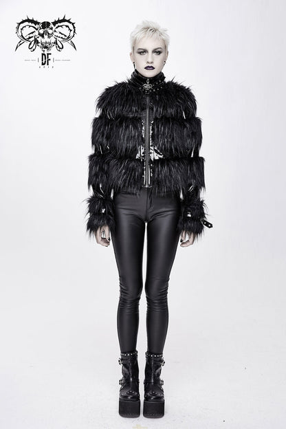 Black Metal Buckle Loop Stand Up Collar Splice Patent Leather Woolen Women's Punk Coat