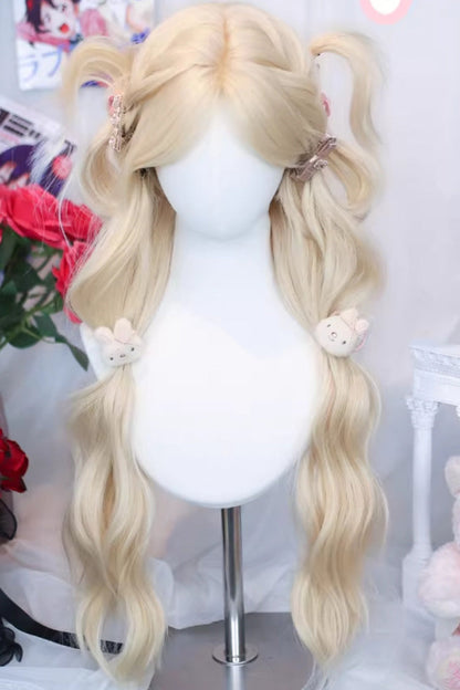Beige Blonde Long Curly Sweet Lolita Wig Middle Part Curtain Bangs