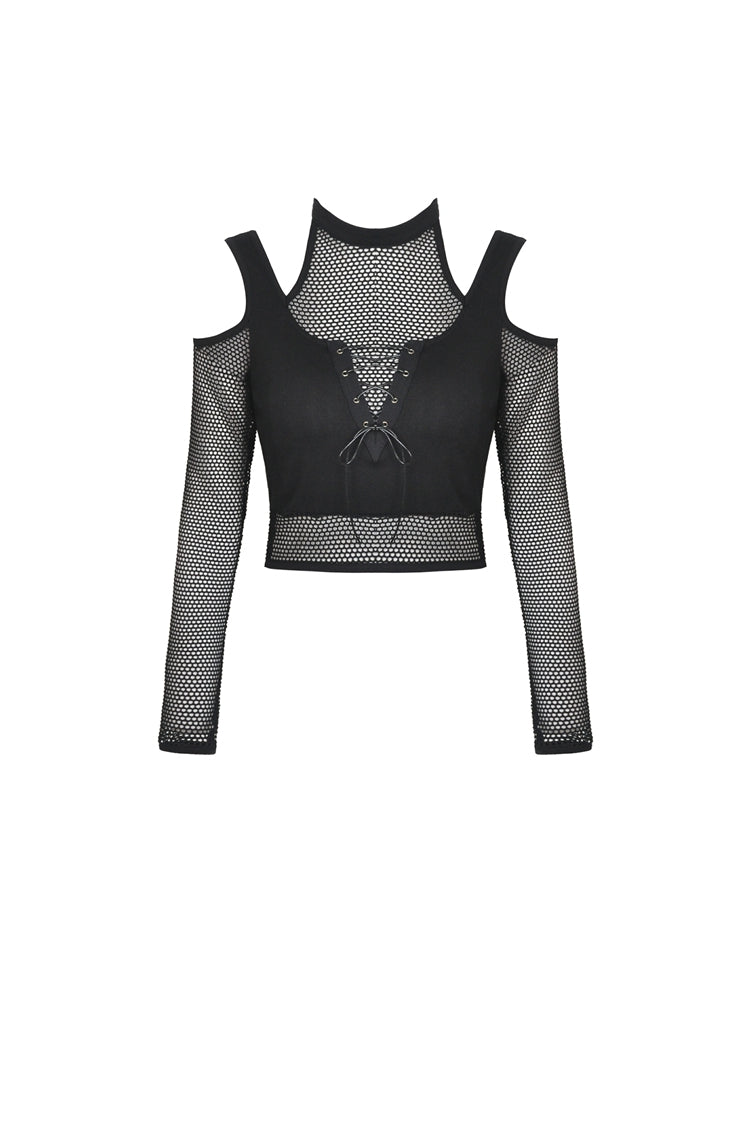 Black Off Shoulder Long Sleeves Lace-Up Chest Straps Sheer Mesh Women's Punk Top