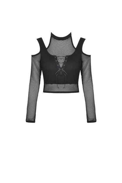 Black Off Shoulder Long Sleeves Lace-Up Chest Straps Sheer Mesh Women's Punk Top