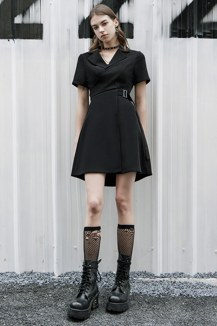 Black Lapel Metal Buckle Belt Collect Waist A-Shape Hem Women's Punk Dress