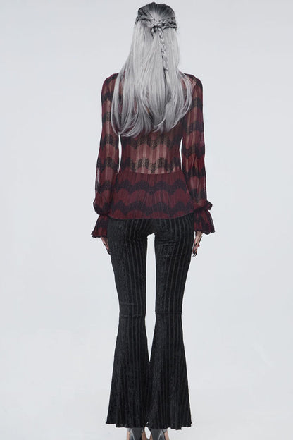 Black Gothic Striped Flocking V-Shaped Cross Lace Stitching Flared Women's Pants