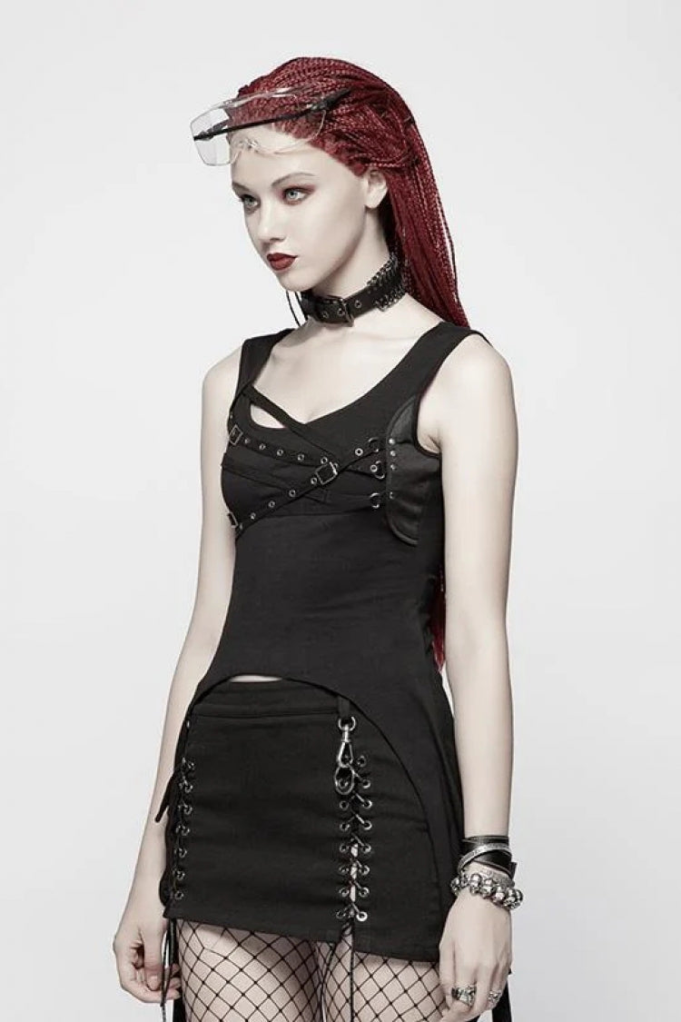 Black Metal Buckle Irregular Hem Women's Punk Vest