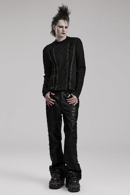 Black Metal Nails Decoration Simple Pleated PU Men's Steampunk Leather Pants