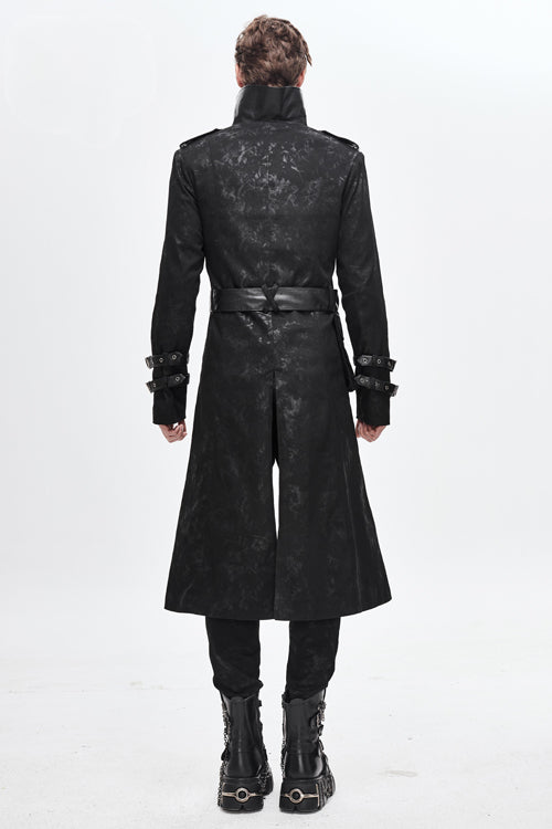 Black Open Collar Printed Belted Long Mens Punk Coat