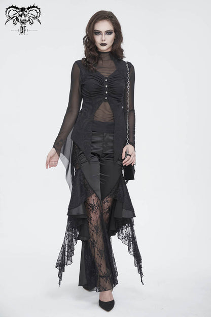 Black Jacquard Mesh Ruffled Long Sleeved Gothic Women's Shirt