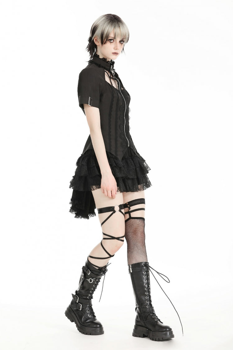 Black Multi-Layered Lace Women's Gothic Puffy Skirt with Detachable Swallow Tail