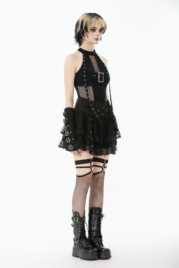 Black Off Shoulder Halterneck Sleeveless Mesh Eyelet Strap Women's Punk Top