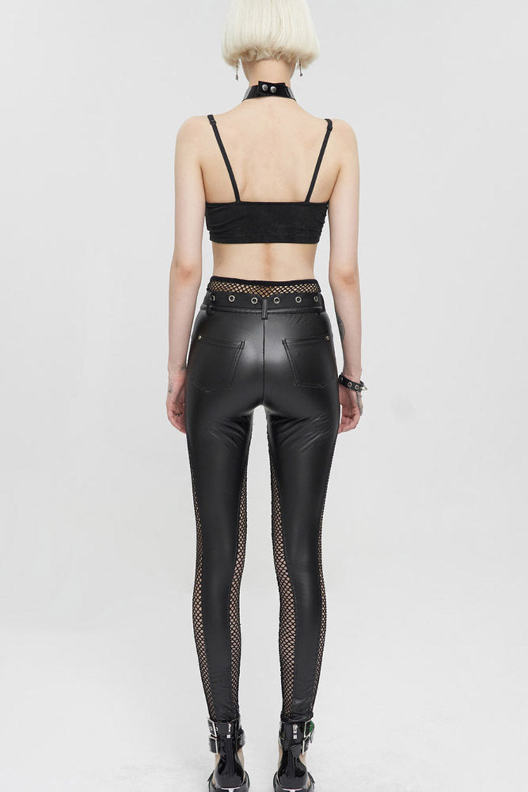 Black Fake Two-Piece Faux Leather Stitching Mesh Networking Women's Punk Pants