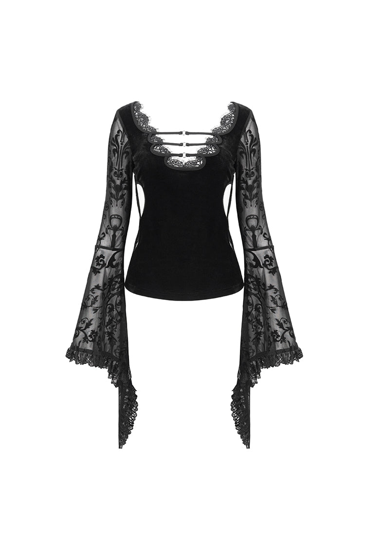 Black Plunging Flared Sleeved Mesh Splice Women's Punk Shirt