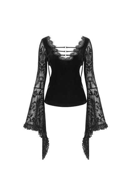 Black Plunging Flared Sleeved Mesh Splice Women's Punk Shirt