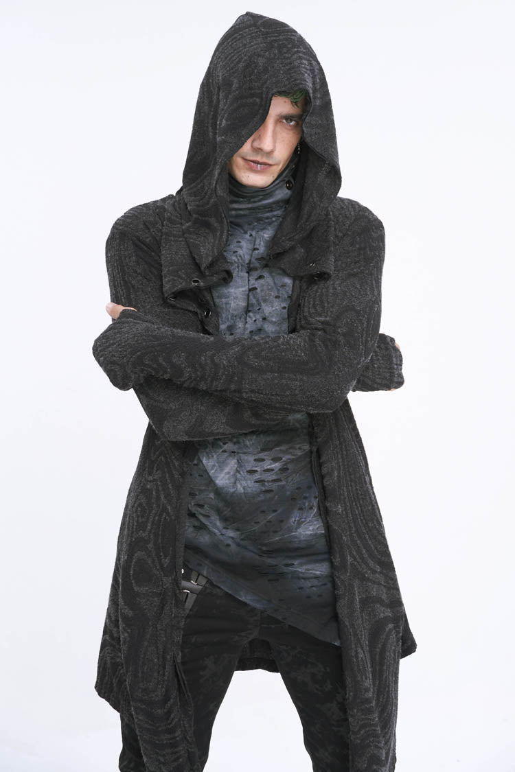 Black Lrregular Back Multi Chain Long Men's Gothic Coat With Hood