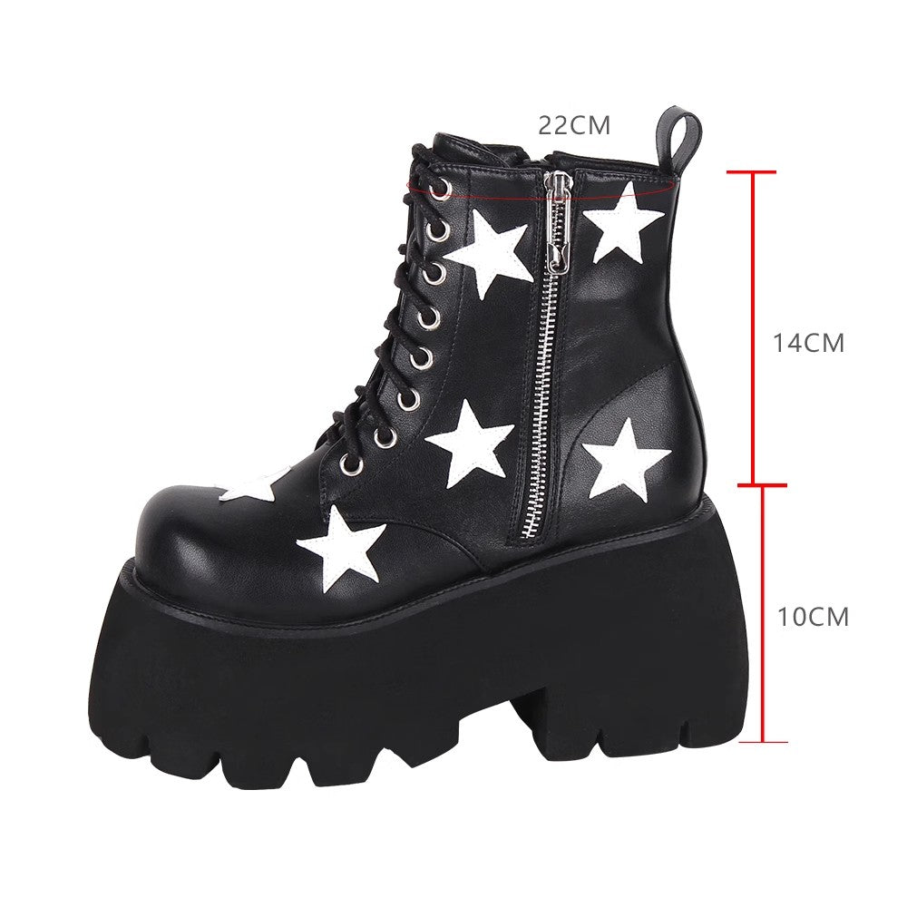 Black Five-pointed Star Print Zipper Punk Lolita Ankle Boots