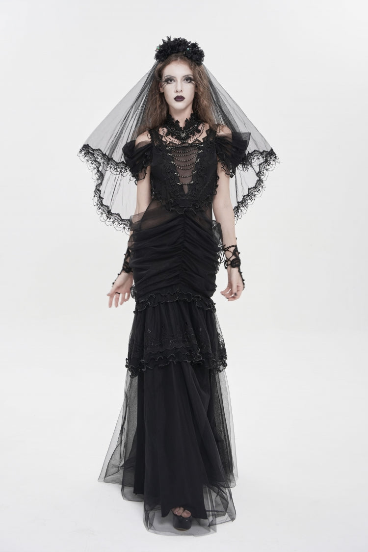 Black Off Shoulder Ruffled Cut-Out Lace Pleated Women's Gothic Dress