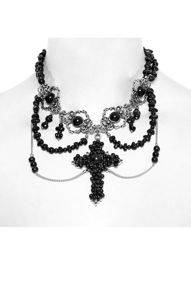 Black Irregular Beaded Cross Women's Punk Necklace