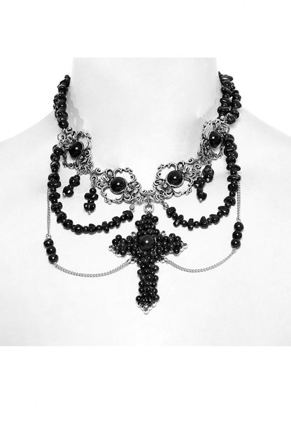 Black Irregular Beaded Cross Women's Punk Necklace