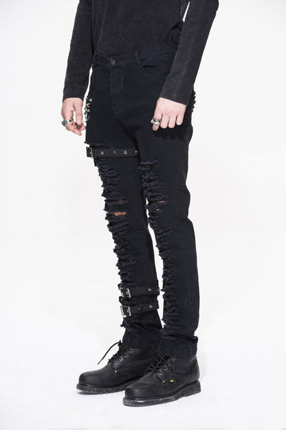Black Metallic Punk Broken Holes With Loops Mens Pants