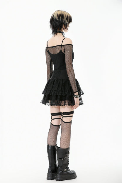 Black Off Shoulder Long Sleeves Mesh Women's Gothic Versatile Top