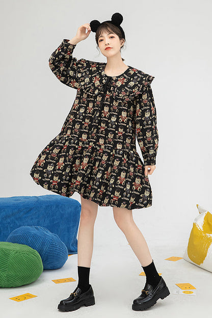 Black Doll Collar Bear Print Puff Sleeves Ruffled Sweet Lolita OP Dress