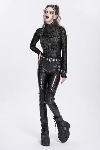 Black Lace-Up Ripped Rivet Women's Punk Pants
