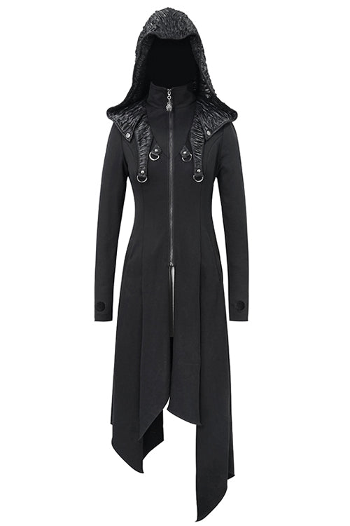 Black Hooded Slim Knitted Long Womens Punk Coat