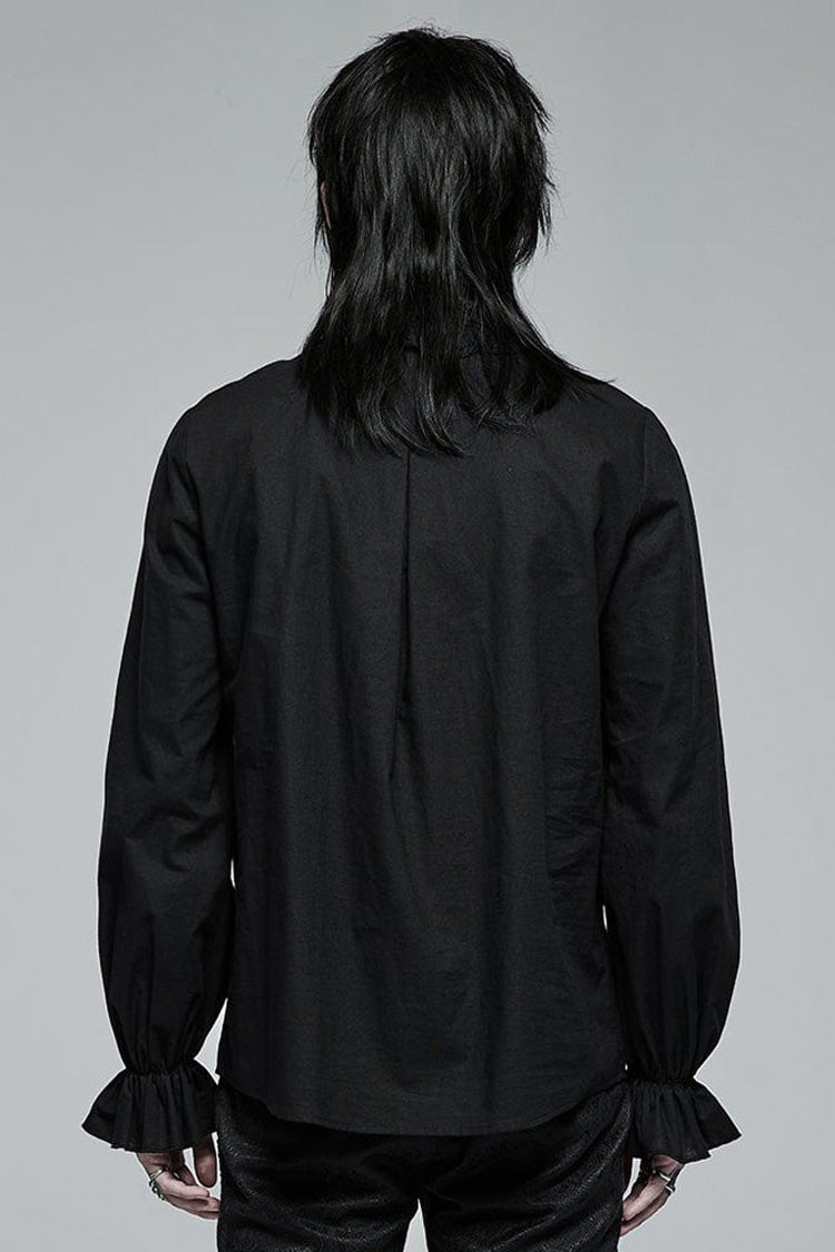 Black Gothic Pure Cotton No Elasticity Neckline Pleats Lace Ruffle Embroidery Tie Rope Design Men's Shirt