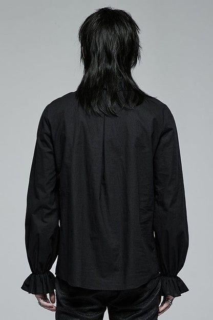 Black Gothic Pure Cotton No Elasticity Neckline Pleats Lace Ruffle Embroidery Tie Rope Design Men's Shirt