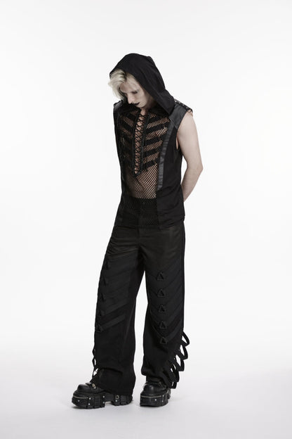 Black Multi-Layered Mesh Eyelet Men's Punk Cool Strappy Pants