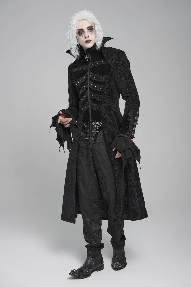 Black Diamante Stand Collar Long Sleeves Printed Zippered Men's Gothic Long Coat