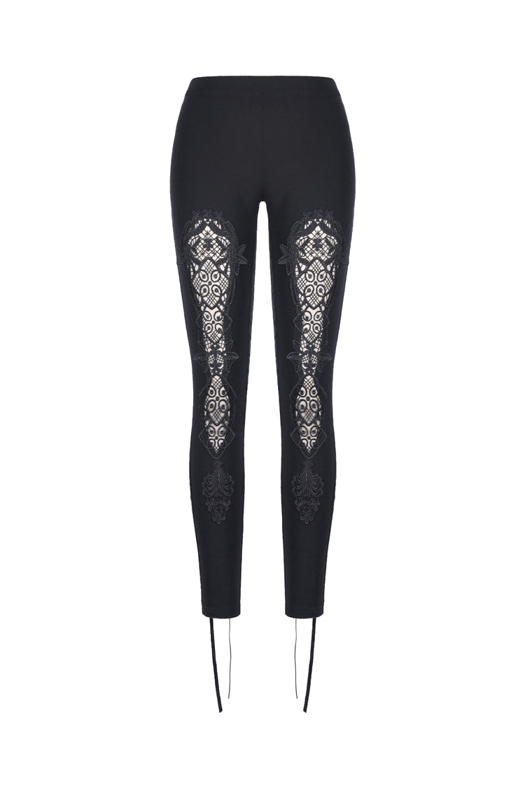 Black Floral Cut-Out Lace-Up Women's Gothic Leggings