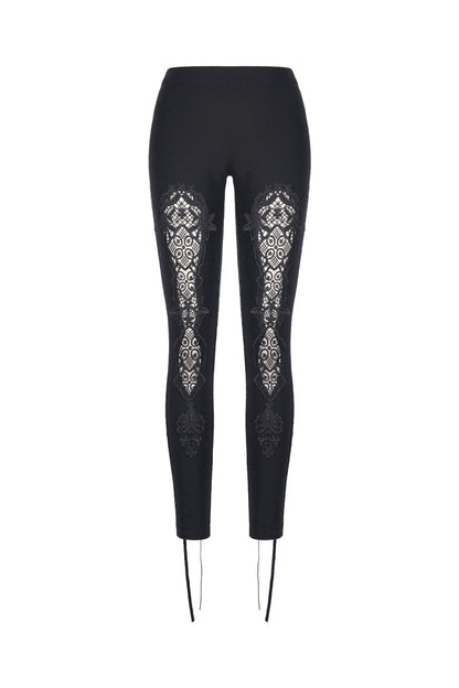 Black Floral Cut-Out Lace-Up Women's Gothic Leggings