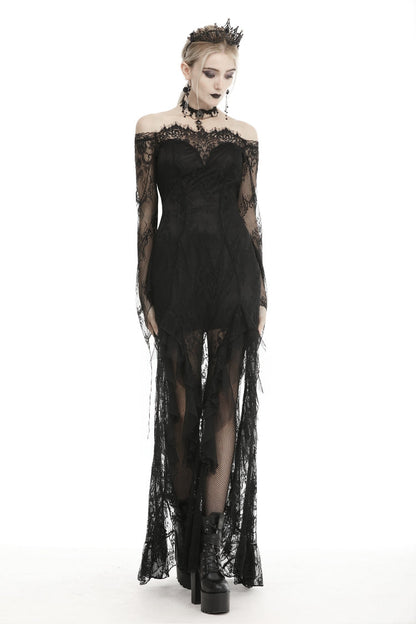 Black Off Shoulder Long Sleeves Lace Lace-Up Women's Gothic Mermaid Wedding Dress